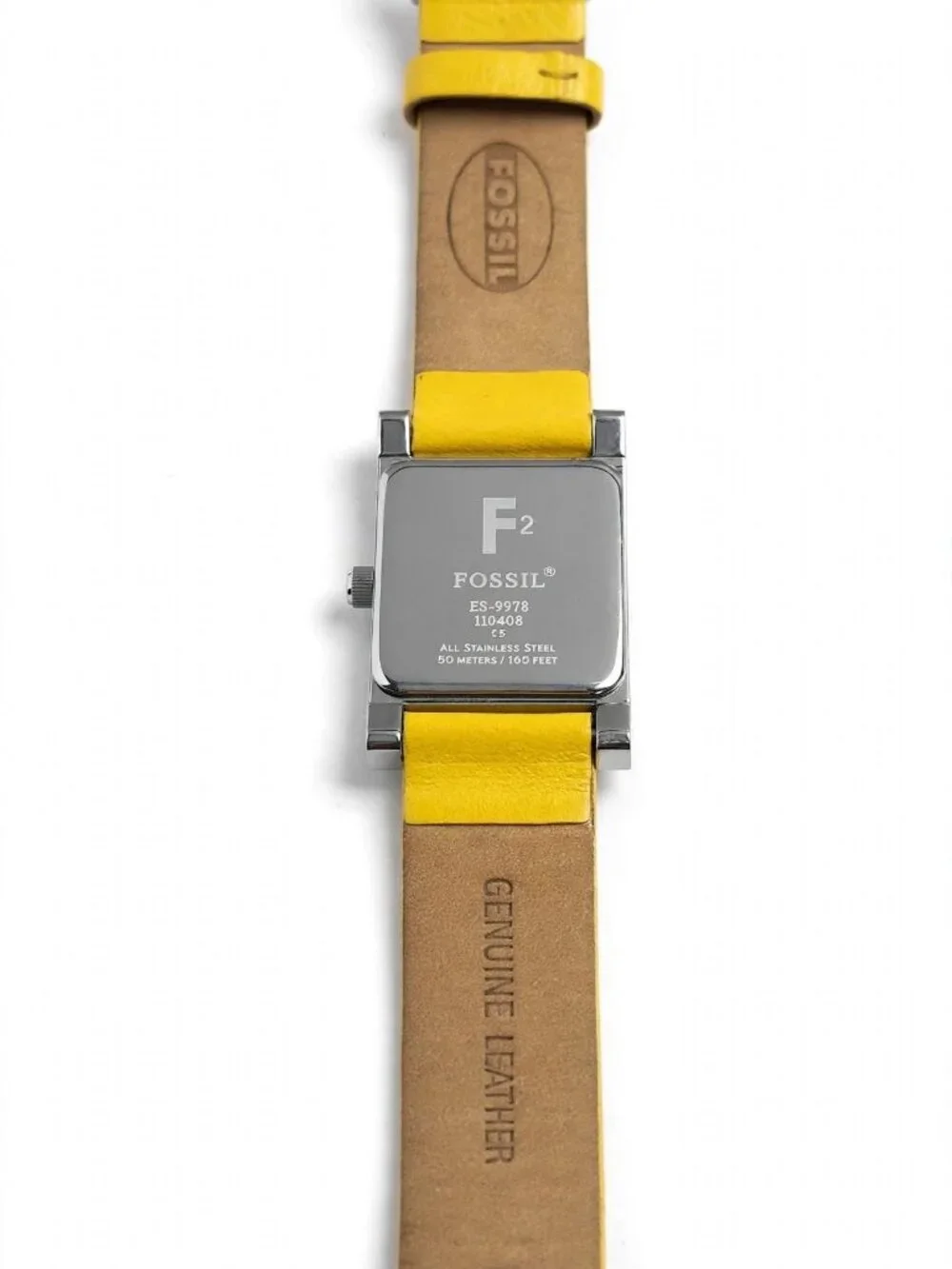 Fossil F2 ES-9978 Yellow Leather Watch Silver Square Case Date
